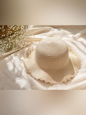 MISS Boho Kids Woven Straw Sun Hat • Scalloped Lace Trim • Cottagecore Summer